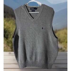 Y2k Polo Ralph Lauren Sweater Vest Mens L Gray Navy  Grandpa Golf Rugby Grunge